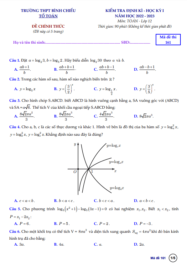 Đề học kỳ 1 Toán 12 năm 2022 – 2023 trường THPT Bình Chiểu – TP HCM