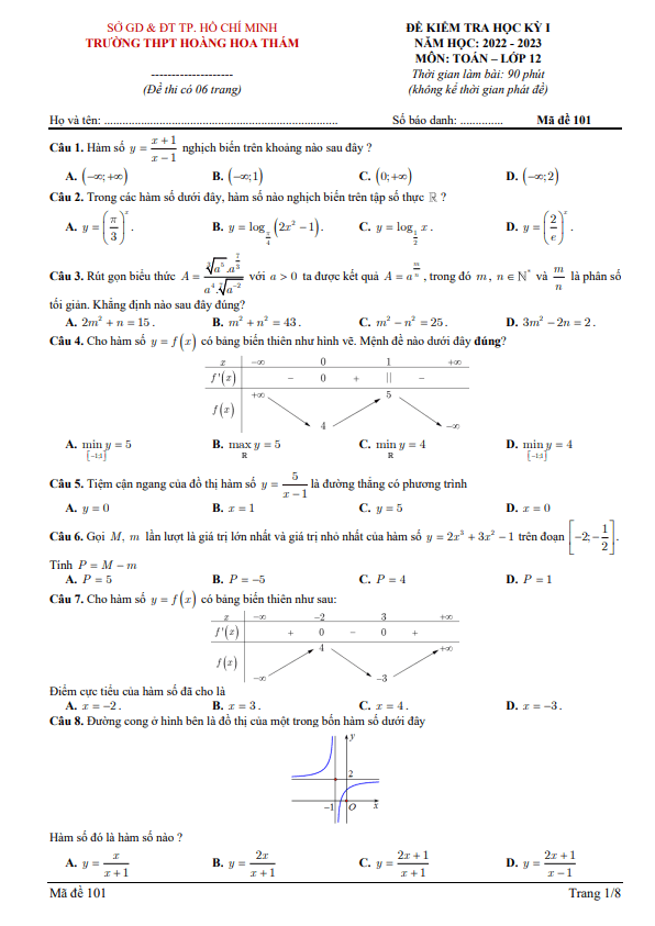 Đề học kỳ 1 Toán 12 năm 2022 – 2023 trường THPT Hoàng Hoa Thám – TP HCM