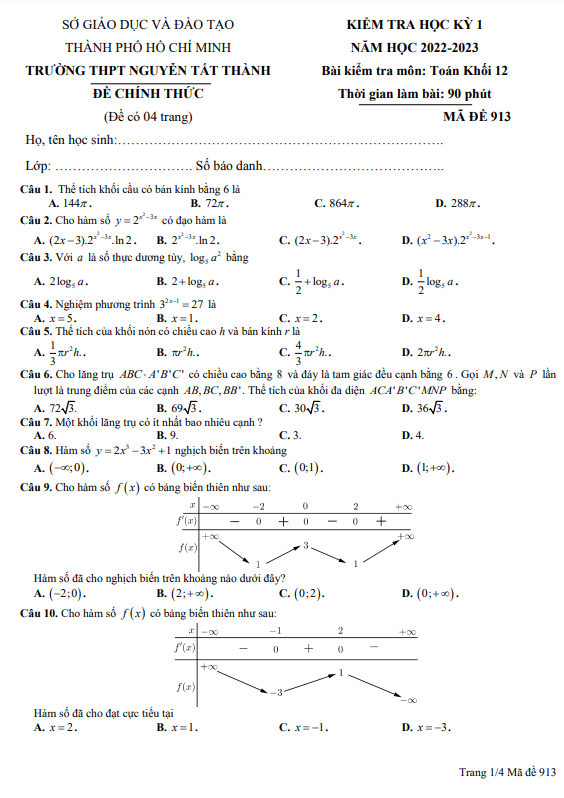 Đề học kỳ 1 Toán 12 năm 2022 – 2023 trường THPT Nguyễn Tất Thành – TP HCM