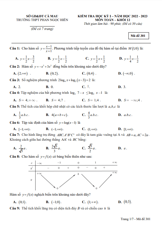 Đề học kỳ 1 Toán 12 năm 2022 – 2023 trường THPT Phan Ngọc Hiển – Cà Mau