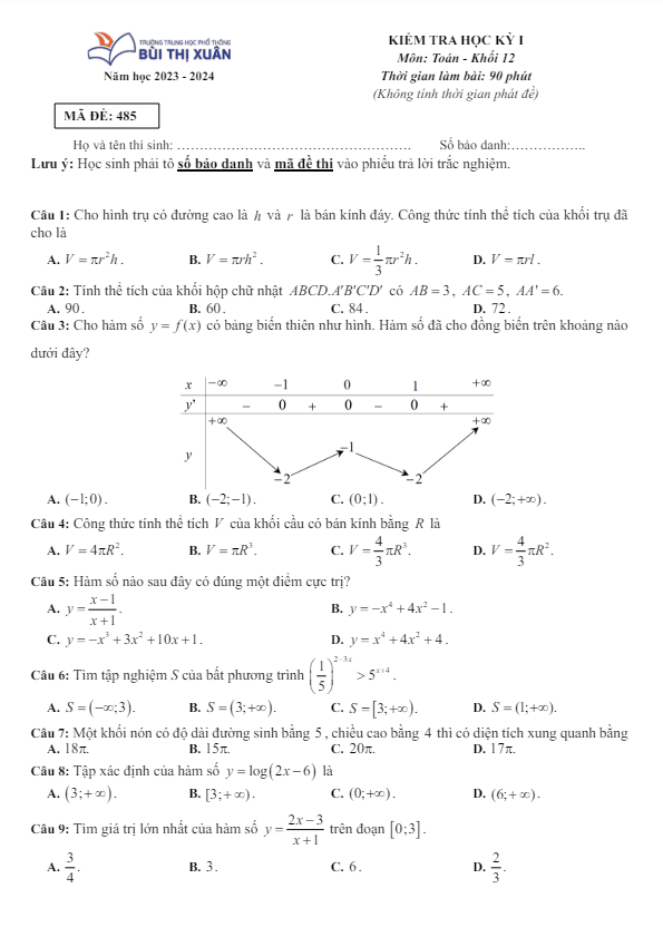 Đề học kỳ 1 Toán 12 năm 2023 – 2024 trường THPT Bùi Thị Xuân – TP HCM