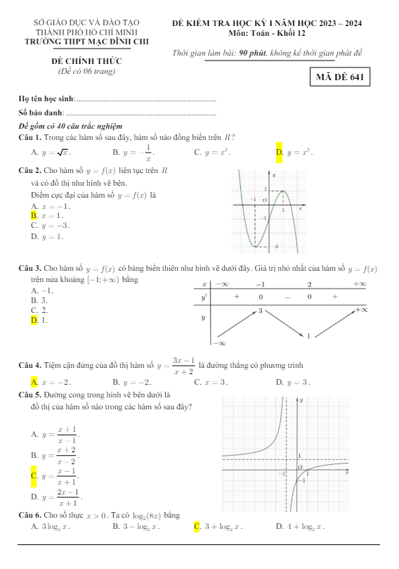 Đề học kỳ 1 Toán 12 năm 2023 – 2024 trường THPT Mạc Đĩnh Chi – TP HCM