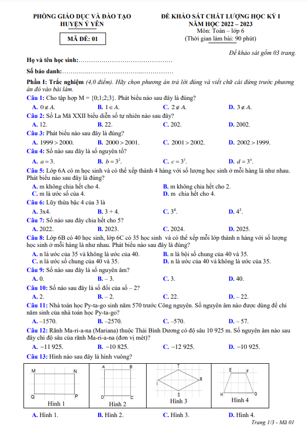 Đề học kỳ 1 Toán 6 năm 2022 – 2023 phòng GD&ĐT Ý Yên – Nam Định