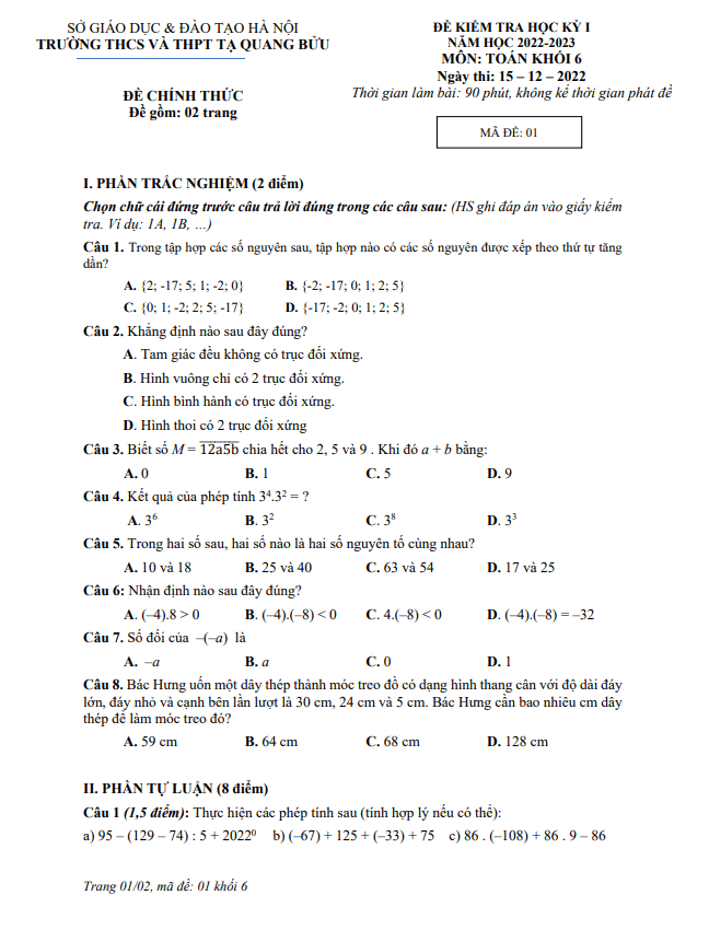 Đề học kỳ 1 Toán 6 năm 2022 – 2023 trường Tạ Quang Bửu – Hà Nội