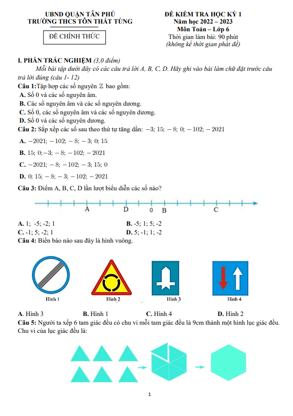 Đề học kỳ 1 Toán 6 năm 2022 – 2023 trường THCS Tôn Thất Tùng – TP HCM