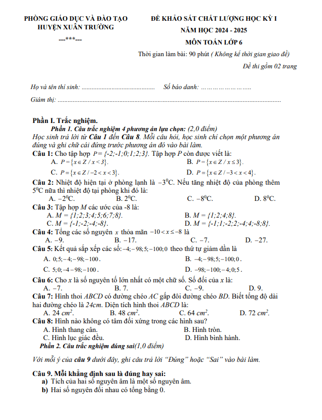 Đề học kỳ 1 Toán 6 năm 2024 – 2025 phòng GD&ĐT Xuân Trường – Nam Định