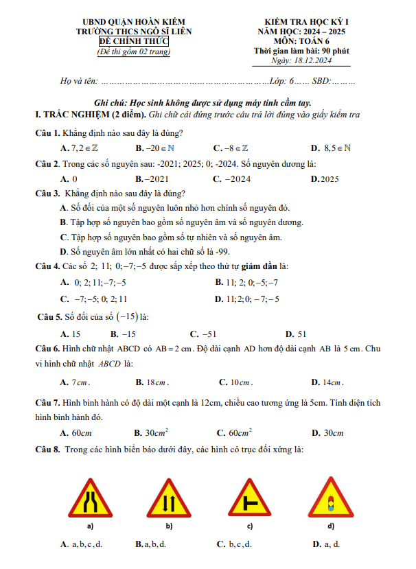 Đề học kỳ 1 Toán 6 năm 2024 – 2025 trường THCS Ngô Sĩ Liên – Hà Nội