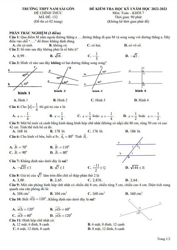 Đề học kỳ 1 Toán 7 năm 2022 – 2023 trường THPT Nam Sài Gòn – TP HCM