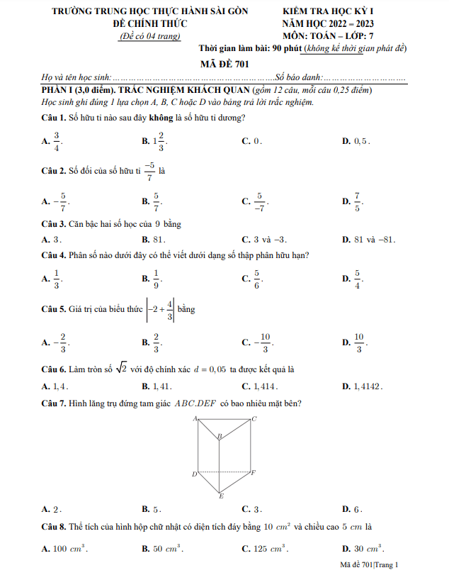 Đề học kỳ 1 Toán 7 năm 2022 – 2023 trường Thực hành Sài Gòn – TP HCM