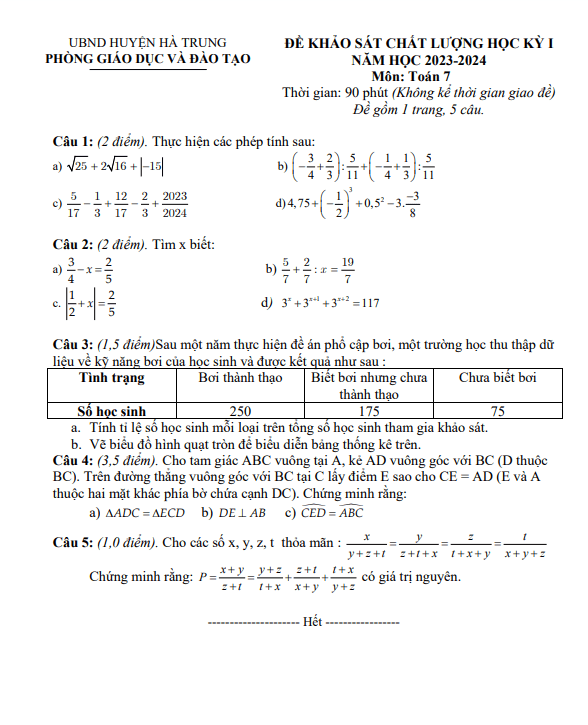 Đề học kỳ 1 Toán 7 năm 2023 – 2024 phòng GD&ĐT Hà Trung – Thanh Hóa