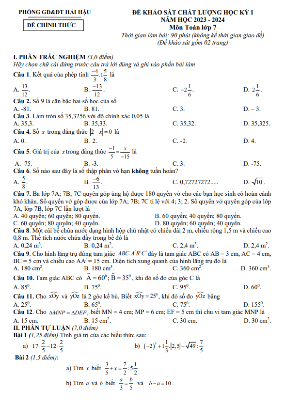 Đề học kỳ 1 Toán 7 năm 2023 – 2024 phòng GD&ĐT Hải Hậu – Nam Định