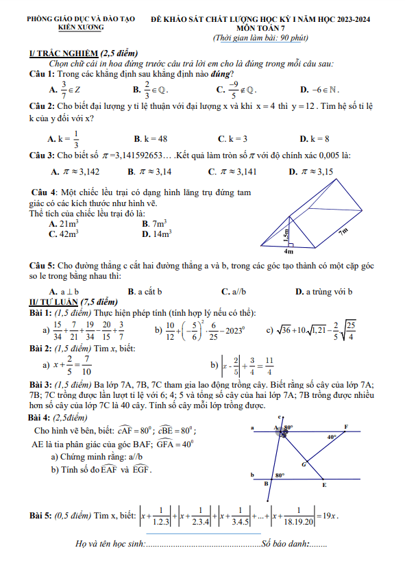 Đề học kỳ 1 Toán 7 năm 2023 – 2024 phòng GD&ĐT Kiến Xương – Thái Bình
