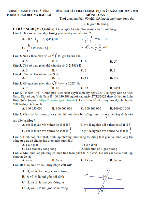 Đề học kỳ 1 Toán 7 năm 2023 – 2024 phòng GD&ĐT thành phố Thái Bình