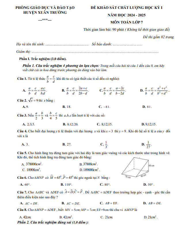 Đề học kỳ 1 Toán 7 năm 2024 – 2025 phòng GD&ĐT Xuân Trường – Nam Định
