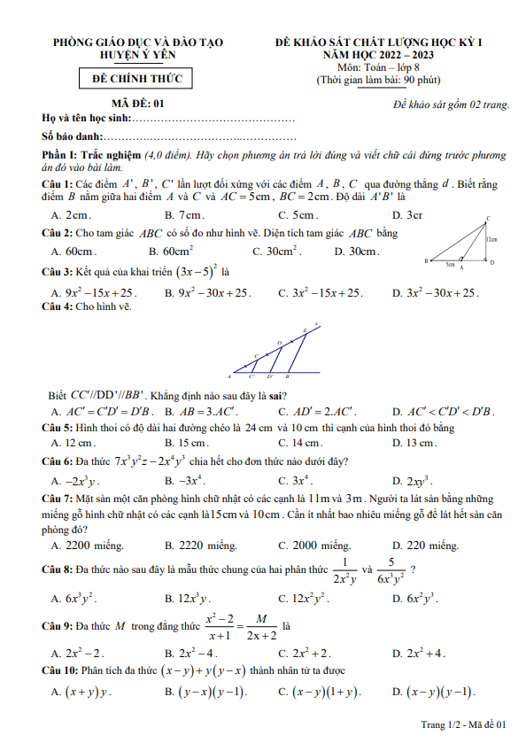 Đề học kỳ 1 Toán 8 năm 2022 – 2023 phòng GD&ĐT Ý Yên – Nam Định
