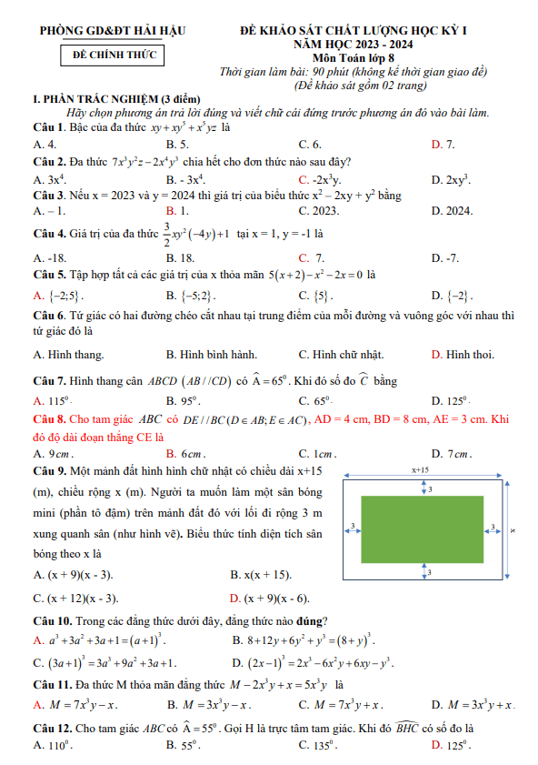 Đề học kỳ 1 Toán 8 năm 2023 – 2024 phòng GD&ĐT Hải Hậu – Nam Định