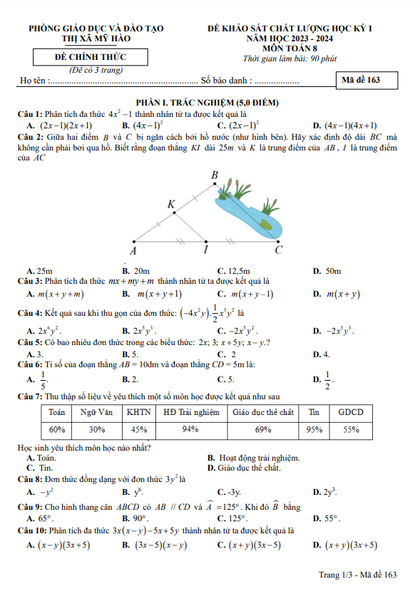 Đề học kỳ 1 Toán 8 năm 2023 – 2024 phòng GD&ĐT Mỹ Hào – Hưng Yên