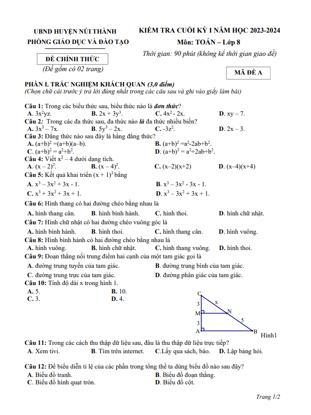 Đề học kỳ 1 Toán 8 năm 2023 – 2024 phòng GD&ĐT Núi Thành – Quảng Nam