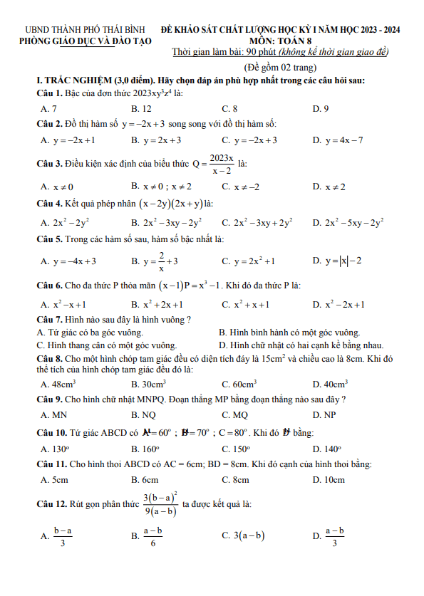 Đề học kỳ 1 Toán 8 năm 2023 – 2024 phòng GD&ĐT thành phố Thái Bình
