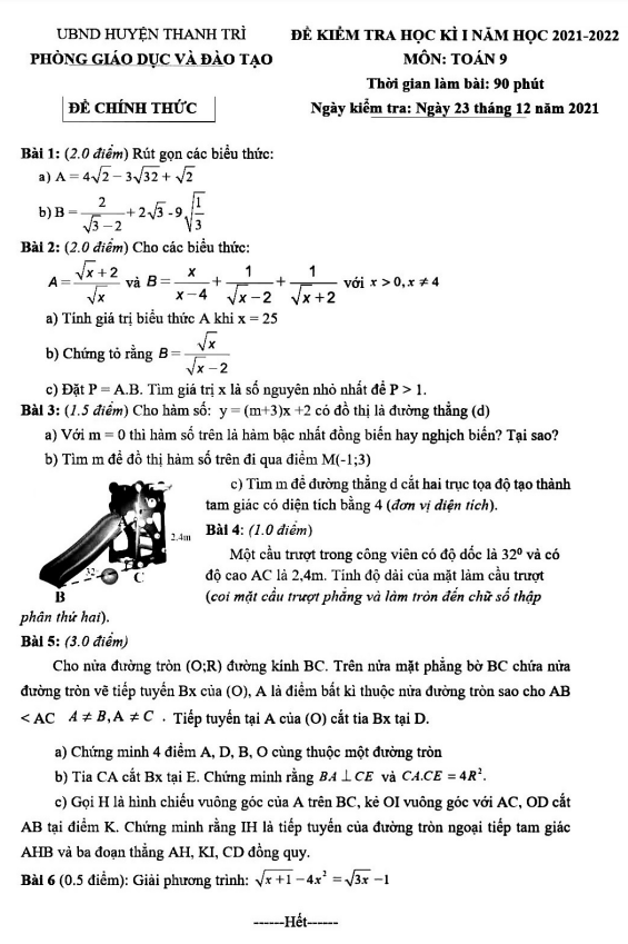 Đề học kỳ 1 Toán 9 năm 2021 – 2022 phòng GD&ĐT huyện Thanh Trì – Hà Nội