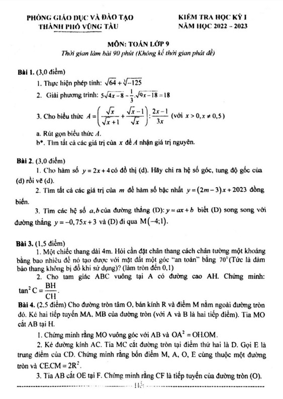 Đề học kỳ 1 Toán 9 năm 2022 – 2023 phòng GD&ĐT Vũng Tàu – BR VT