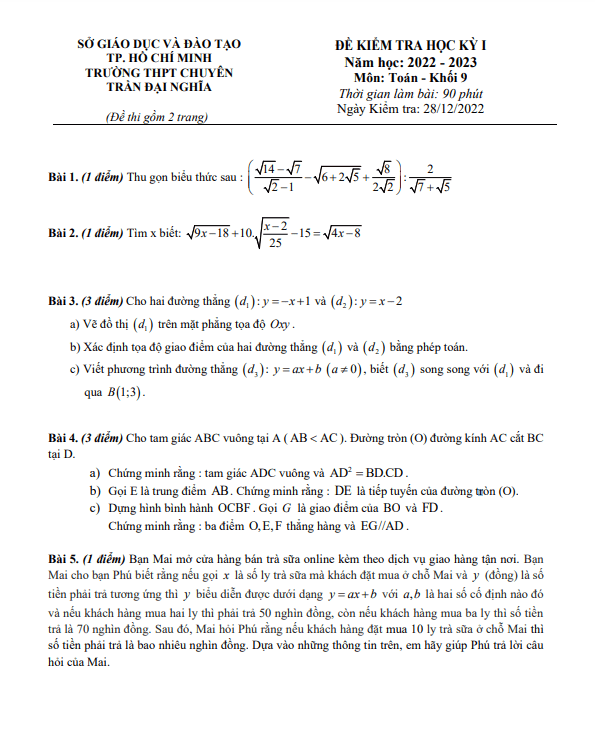 Đề học kỳ 1 Toán 9 năm 2022 – 2023 trường chuyên Trần Đại Nghĩa – TP HCM