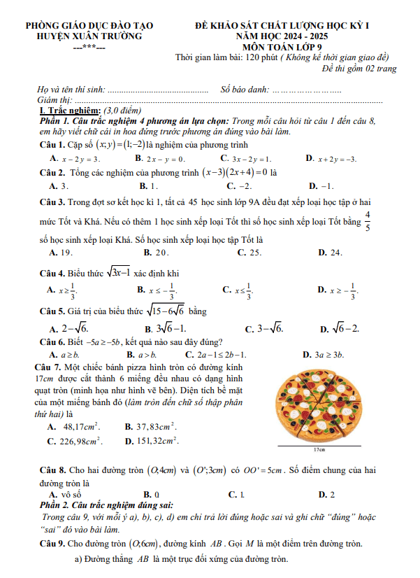 Đề học kỳ 1 Toán 9 năm 2024 – 2025 phòng GD&ĐT Xuân Trường – Nam Định