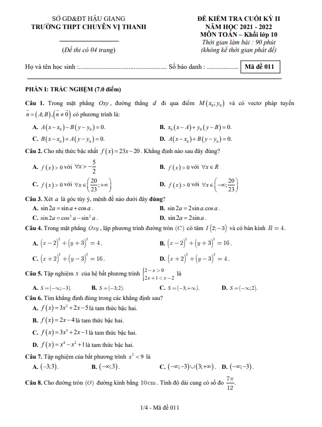 Đề học kỳ 2 Toán 10 năm 2021 – 2022 trường chuyên Vị Thanh – Hậu Giang