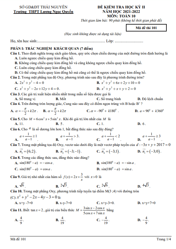 Đề học kỳ 2 Toán 10 năm 2021 – 2022 trường Lương Ngọc Quyến – Thái Nguyên