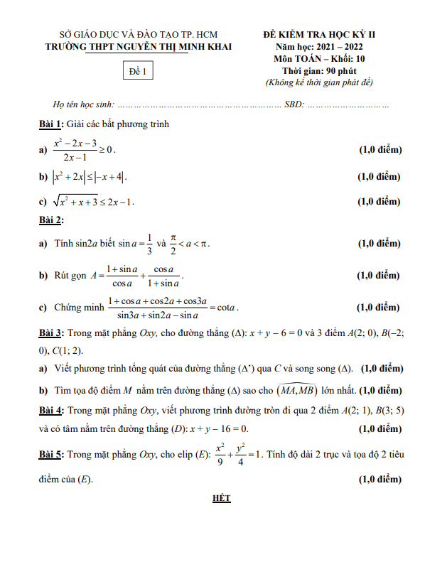 Đề học kỳ 2 Toán 10 năm 2021 – 2022 trường THPT Nguyễn Thị Minh Khai – TP HCM
