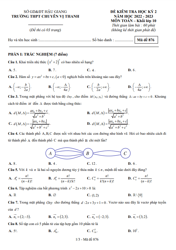 Đề học kỳ 2 Toán 10 năm 2022 – 2023 trường chuyên Vị Thanh – Hậu Giang