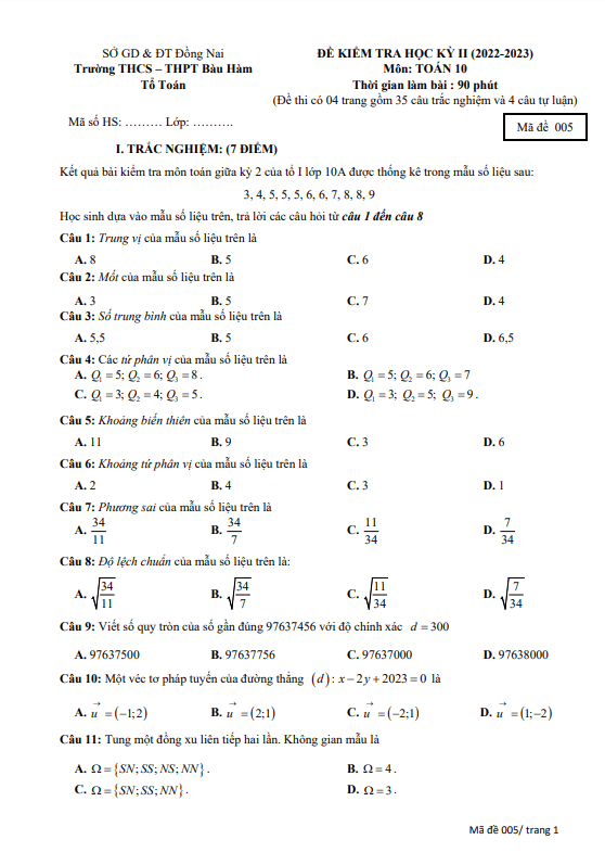 Đề học kỳ 2 Toán 10 năm 2022 – 2023 trường THCS – THPT Bàu Hàm – Đồng Nai