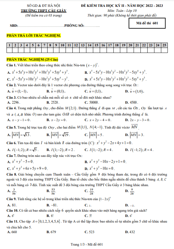 Đề học kỳ 2 Toán 10 năm 2022 – 2023 trường THPT Cầu Giấy – Hà Nội