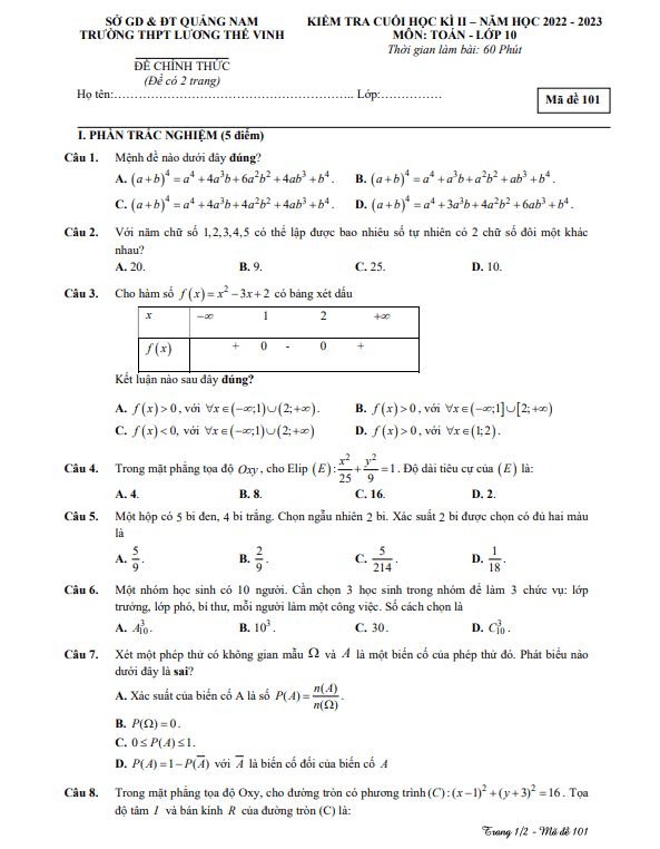 Đề học kỳ 2 Toán 10 năm 2022 – 2023 trường THPT Lương Thế Vinh – Quảng Nam
