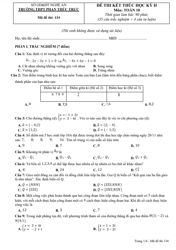 Đề học kỳ 2 Toán 10 năm 2022 – 2023 trường THPT Phan Thúc Trực – Nghệ An