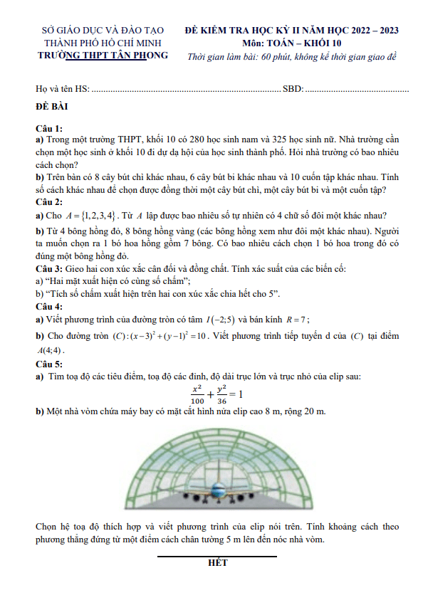Đề học kỳ 2 Toán 10 năm 2022 – 2023 trường THPT Tân Phong – TP HCM