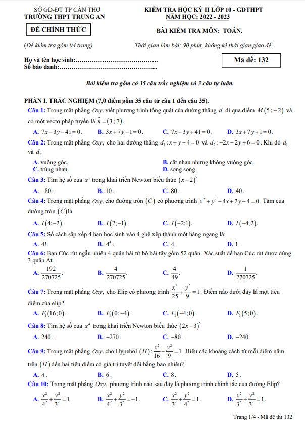 Đề học kỳ 2 Toán 10 năm 2022 – 2023 trường THPT Trung An – Cần Thơ