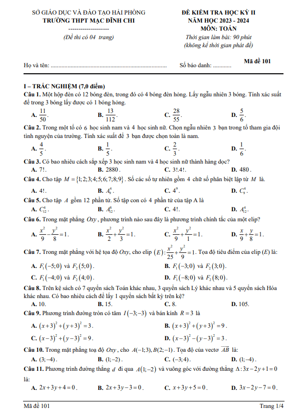 Đề học kỳ 2 Toán 10 năm 2023 – 2024 trường THPT Mạc Đĩnh Chi – Hải Phòng