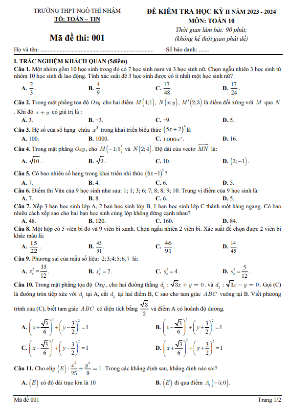 Đề học kỳ 2 Toán 10 năm 2023 – 2024 trường THPT Ngô Thì Nhậm – Hà Nội