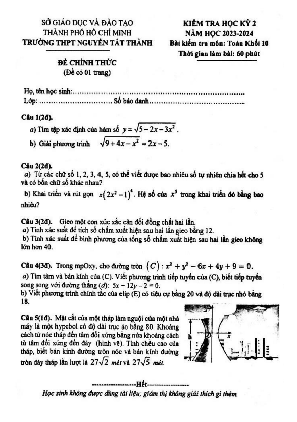 Đề học kỳ 2 Toán 10 năm 2023 – 2024 trường THPT Nguyễn Tất Thành – TP HCM