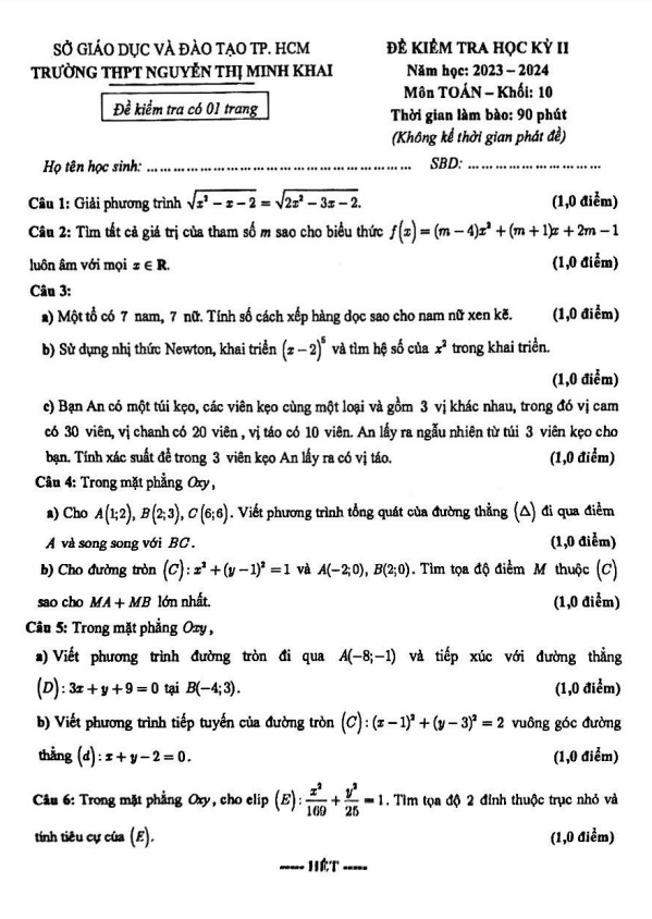 Đề học kỳ 2 Toán 10 năm 2023 – 2024 trường THPT Nguyễn Thị Minh Khai – TP HCM