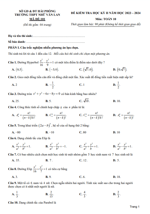 Đề học kỳ 2 Toán 10 năm 2023 – 2024 trường THPT Nhữ Văn Lan – Hải Phòng