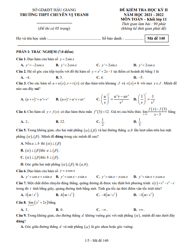 Đề học kỳ 2 Toán 11 năm 2021 – 2022 trường chuyên Vị Thanh – Hậu Giang