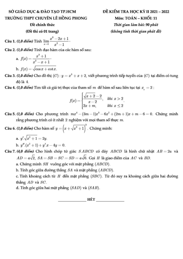 Đề học kỳ 2 Toán 11 năm 2021 – 2022 trường THPT chuyên Lê Hồng Phong – TP HCM