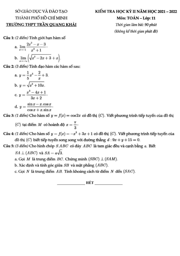 Đề học kỳ 2 Toán 11 năm 2021 – 2022 trường THPT Trần Quang Khải – TP HCM