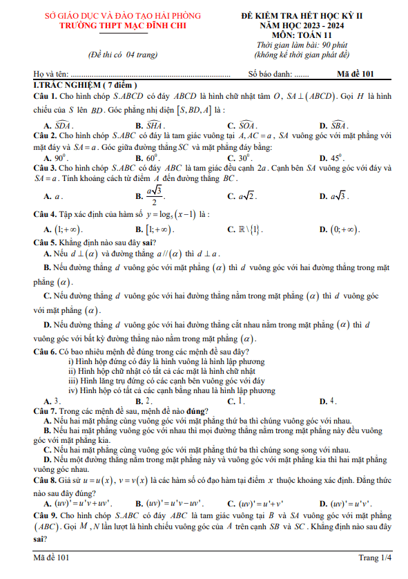 Đề học kỳ 2 Toán 11 năm 2023 – 2024 trường THPT Mạc Đĩnh Chi – Hải Phòng