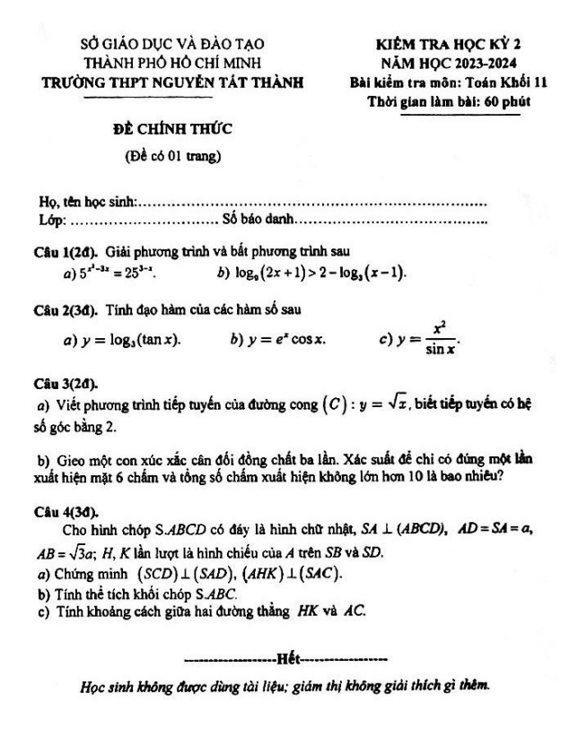 Đề học kỳ 2 Toán 11 năm 2023 – 2024 trường THPT Nguyễn Tất Thành – TP HCM