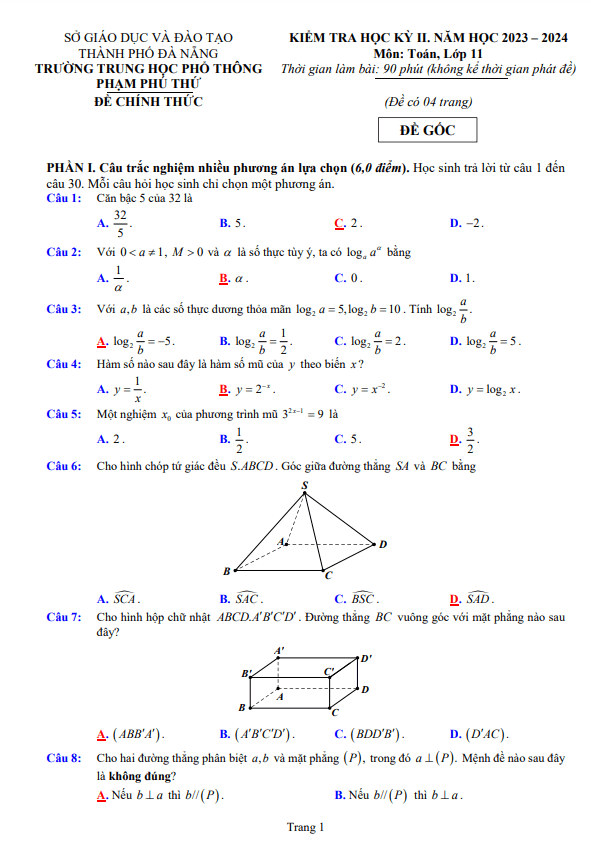 Đề học kỳ 2 Toán 11 năm 2023 – 2024 trường THPT Phạm Phú Thứ – Đà Nẵng