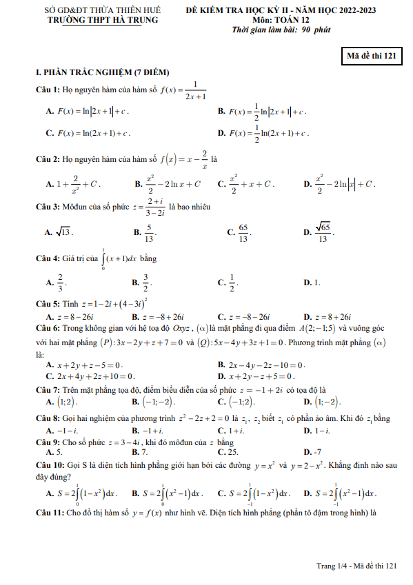 Đề học kỳ 2 Toán 12 năm 2022 – 2023 trường THPT Hà Trung – TT Huế