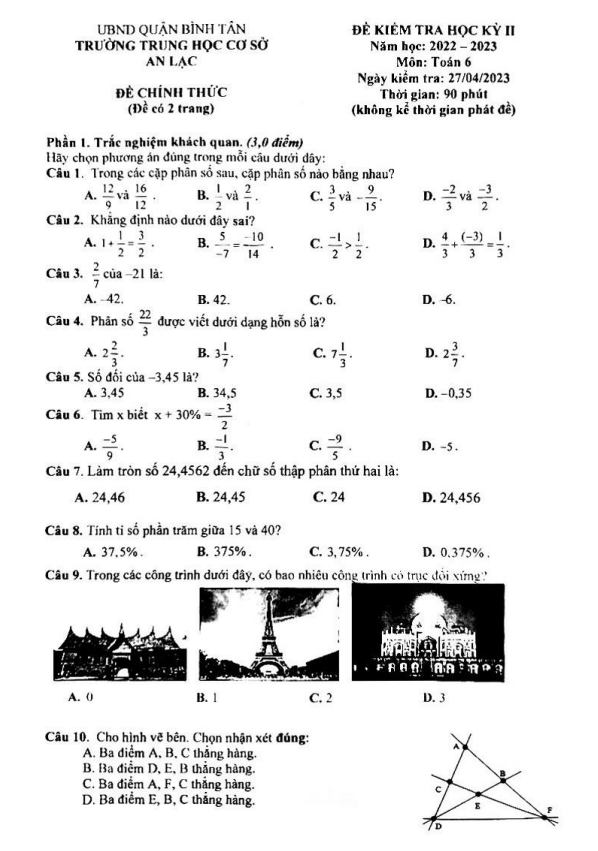 Đề học kỳ 2 Toán 6 năm 2022 – 2023 trường THCS An Lạc – TP HCM